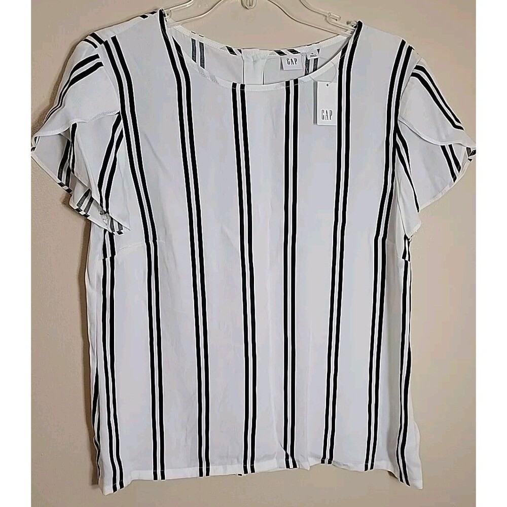 Button-Back Tulip Sleeve Gap Top Black Stripes Woman's Medium NWT